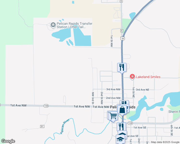 map of restaurants, bars, coffee shops, grocery stores, and more near 506 Northwest 3rd Street in Pelican Rapids