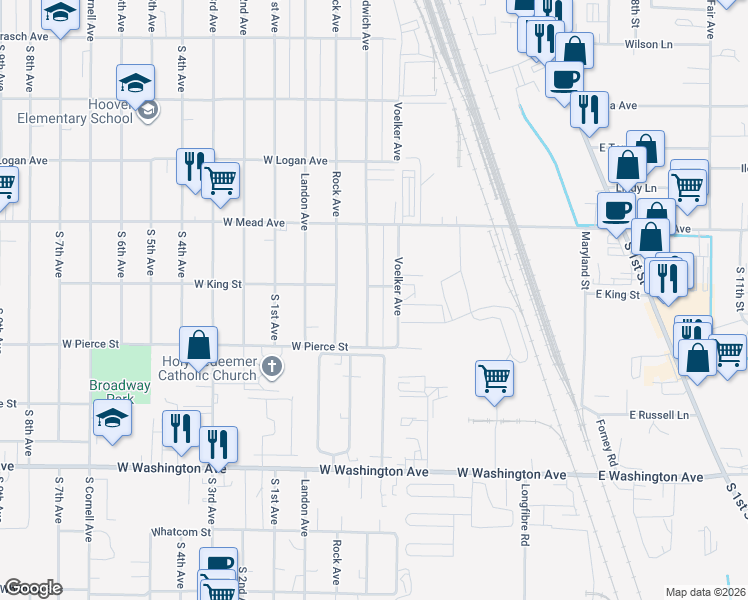 map of restaurants, bars, coffee shops, grocery stores, and more near 1613 Ledwich Avenue in Yakima
