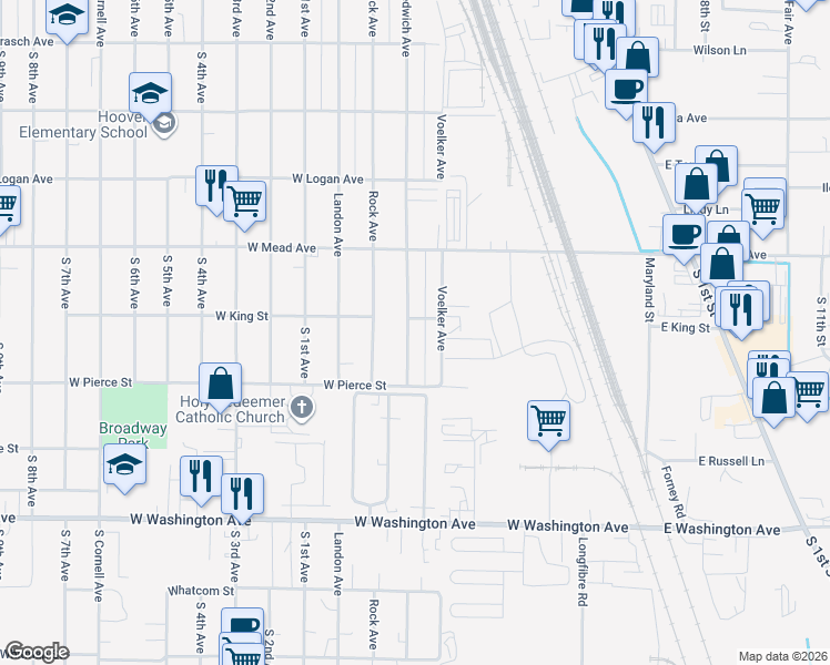 map of restaurants, bars, coffee shops, grocery stores, and more near 1613 Ledwich Avenue in Yakima