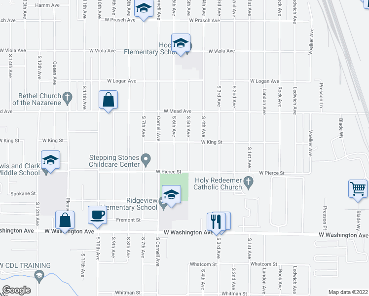 map of restaurants, bars, coffee shops, grocery stores, and more near 1604 South 5th Avenue in Yakima