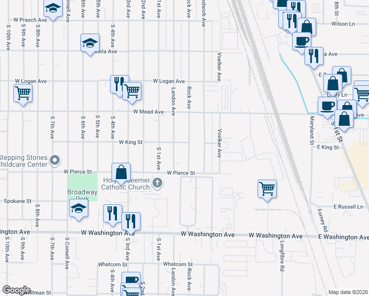 map of restaurants, bars, coffee shops, grocery stores, and more near 39-47 West King Street in Yakima