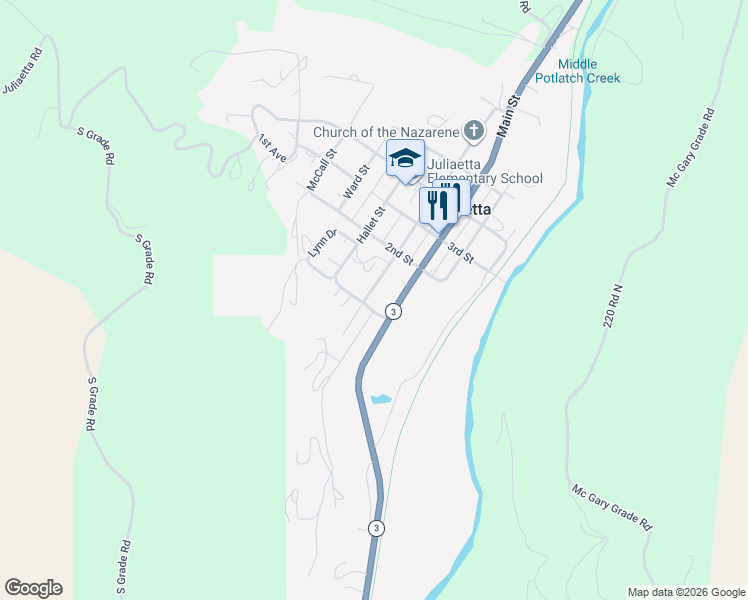 map of restaurants, bars, coffee shops, grocery stores, and more near 306 Lynn Avenue in Juliaetta
