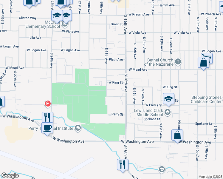 map of restaurants, bars, coffee shops, grocery stores, and more near 1708 W King St in Yakima