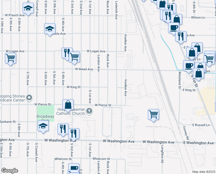 map of restaurants, bars, coffee shops, grocery stores, and more near 47 West King Street in Yakima