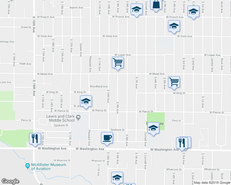 map of restaurants, bars, coffee shops, grocery stores, and more near 1518 South 9th Avenue in Yakima