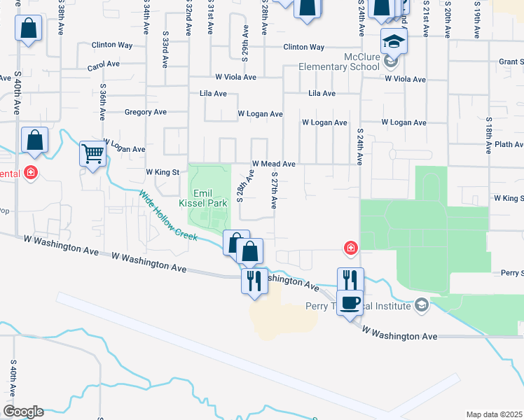 map of restaurants, bars, coffee shops, grocery stores, and more near 2706 West King Court in Yakima