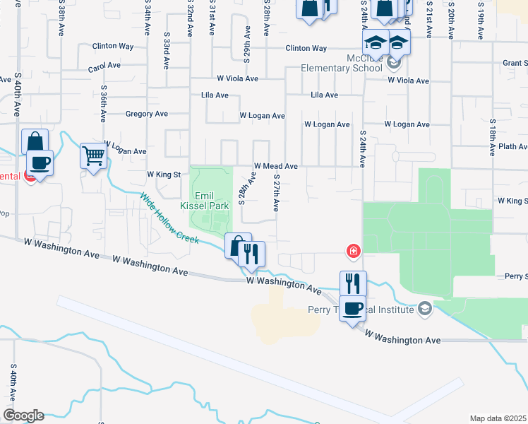 map of restaurants, bars, coffee shops, grocery stores, and more near 2706 West King Court in Yakima