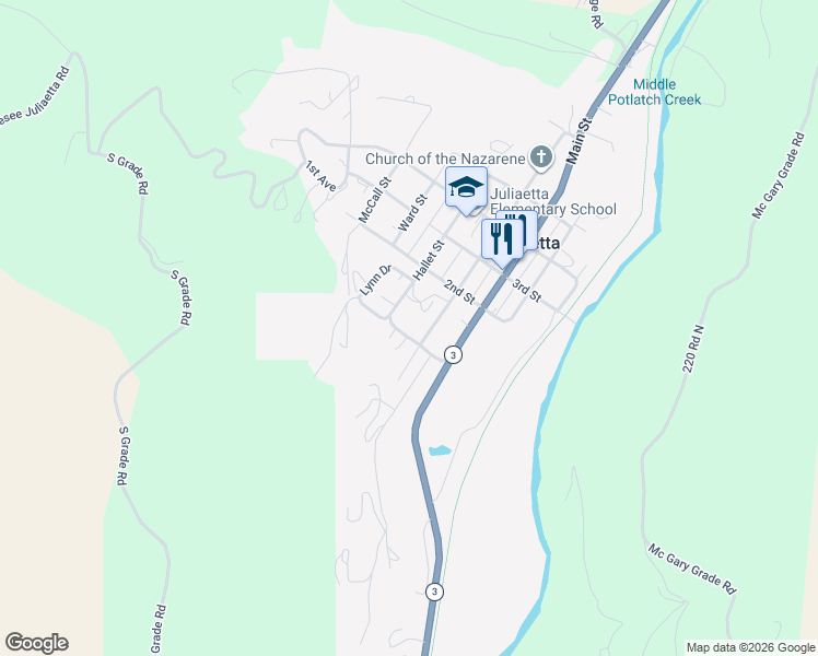 map of restaurants, bars, coffee shops, grocery stores, and more near 306 Lynn Avenue in Juliaetta