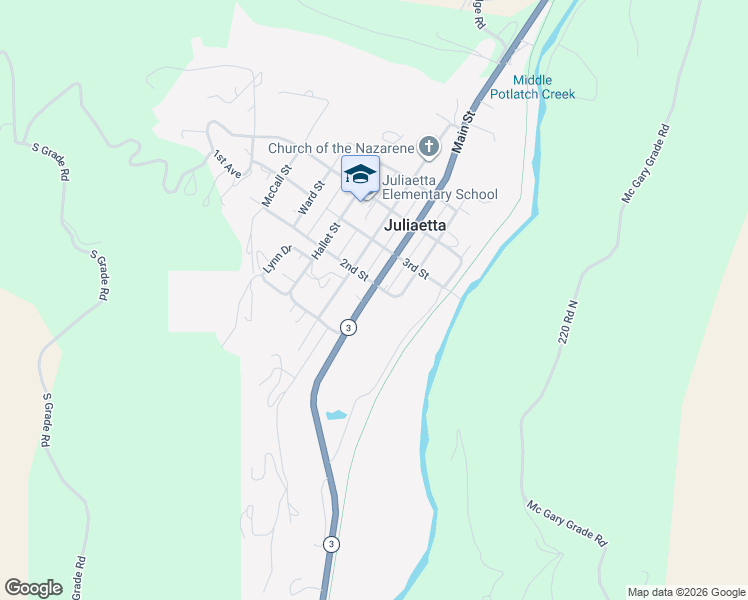 map of restaurants, bars, coffee shops, grocery stores, and more near 196 Main Street in Juliaetta