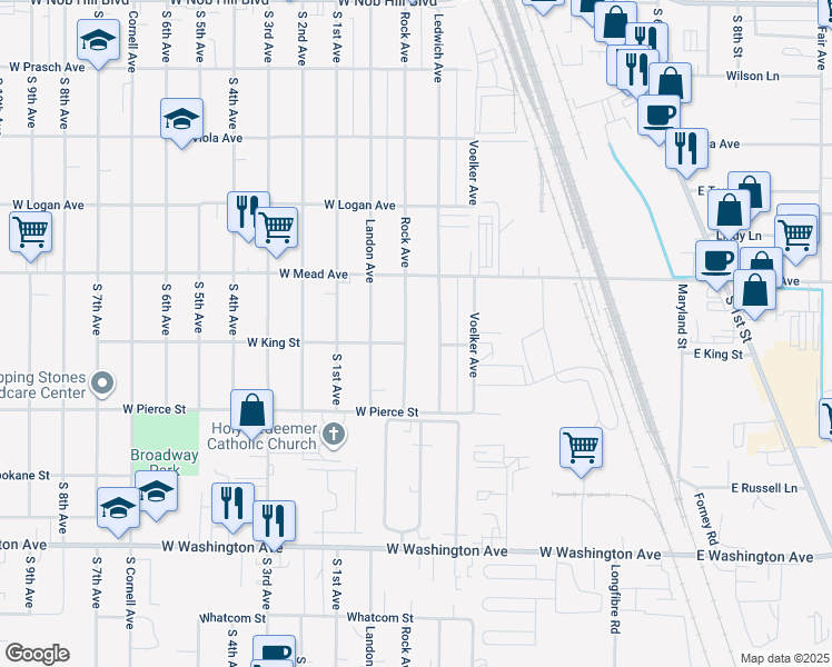 map of restaurants, bars, coffee shops, grocery stores, and more near 39-47 West King Street in Yakima