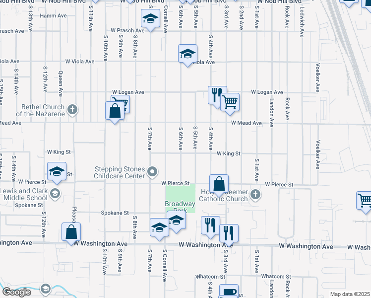 map of restaurants, bars, coffee shops, grocery stores, and more near 1515 S 6th Ave in Yakima