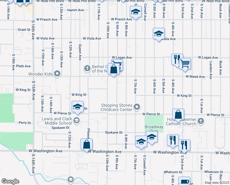 map of restaurants, bars, coffee shops, grocery stores, and more near 1518 South 9th Avenue in Yakima