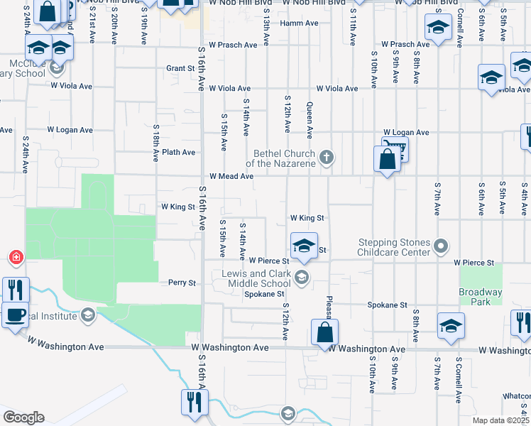 map of restaurants, bars, coffee shops, grocery stores, and more near 1207 West King Street in Yakima