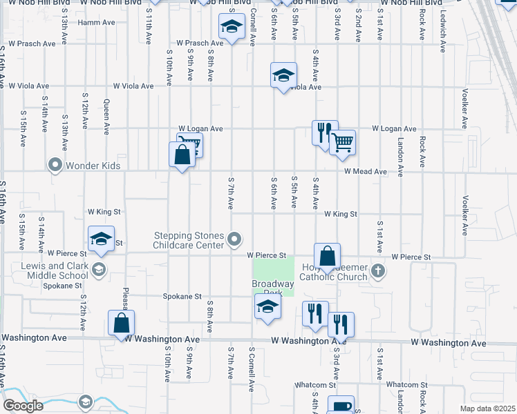 map of restaurants, bars, coffee shops, grocery stores, and more near 1519 Cornell Avenue in Yakima