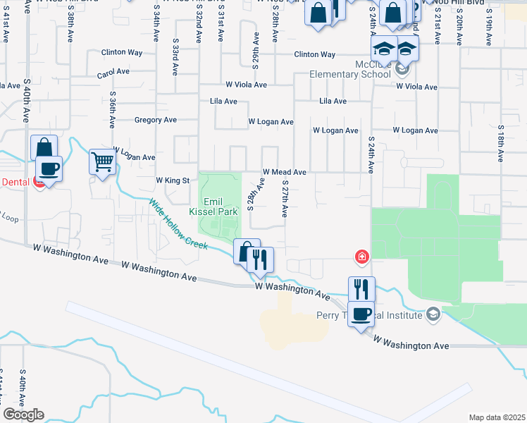 map of restaurants, bars, coffee shops, grocery stores, and more near 2706 West King Court in Yakima