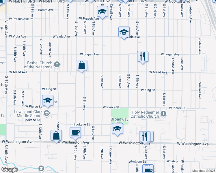 map of restaurants, bars, coffee shops, grocery stores, and more near 1519 Cornell Avenue in Yakima