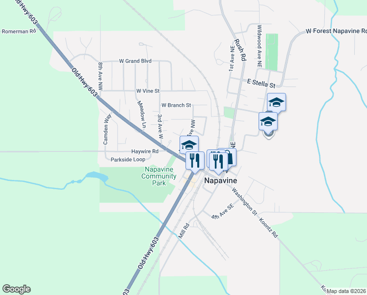 map of restaurants, bars, coffee shops, grocery stores, and more near 117 2nd Avenue Northwest in Napavine