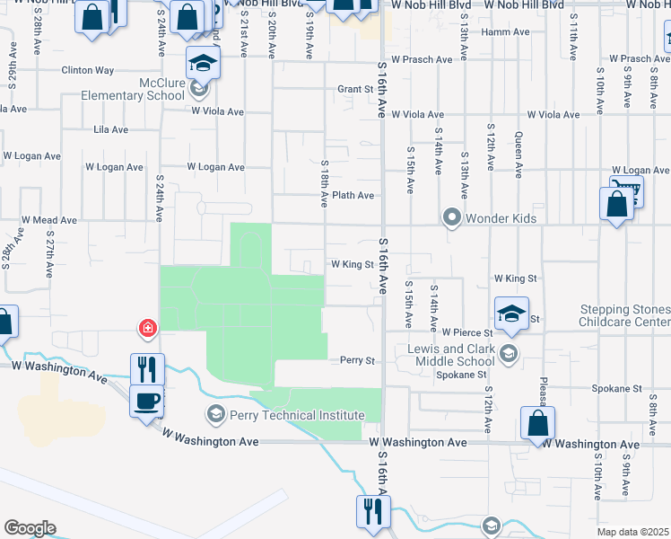 map of restaurants, bars, coffee shops, grocery stores, and more near 1708 West King Street in Yakima