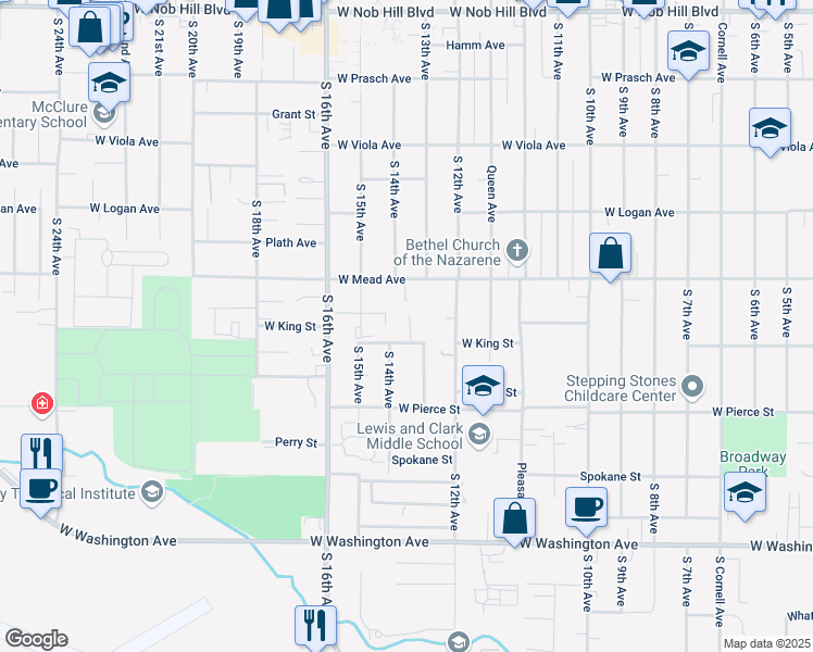map of restaurants, bars, coffee shops, grocery stores, and more near 1207 King St in Yakima