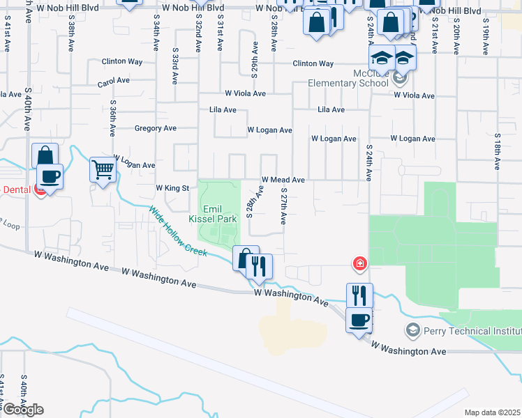 map of restaurants, bars, coffee shops, grocery stores, and more near 2706 West King Court in Yakima