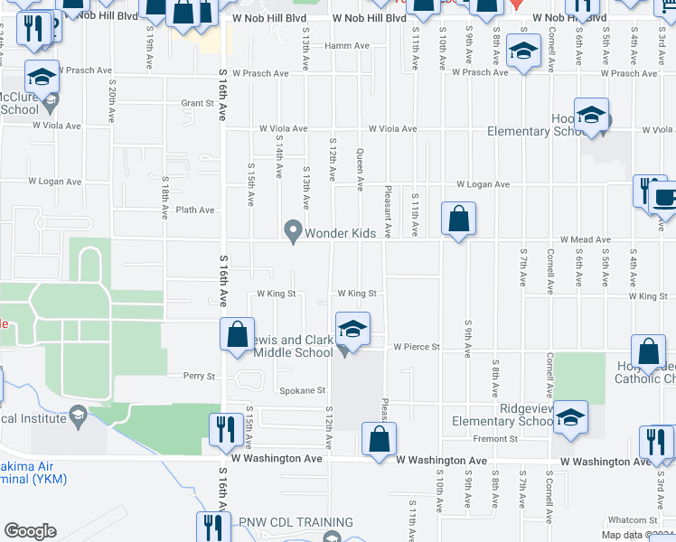 map of restaurants, bars, coffee shops, grocery stores, and more near 1511 South 12th Avenue in Yakima