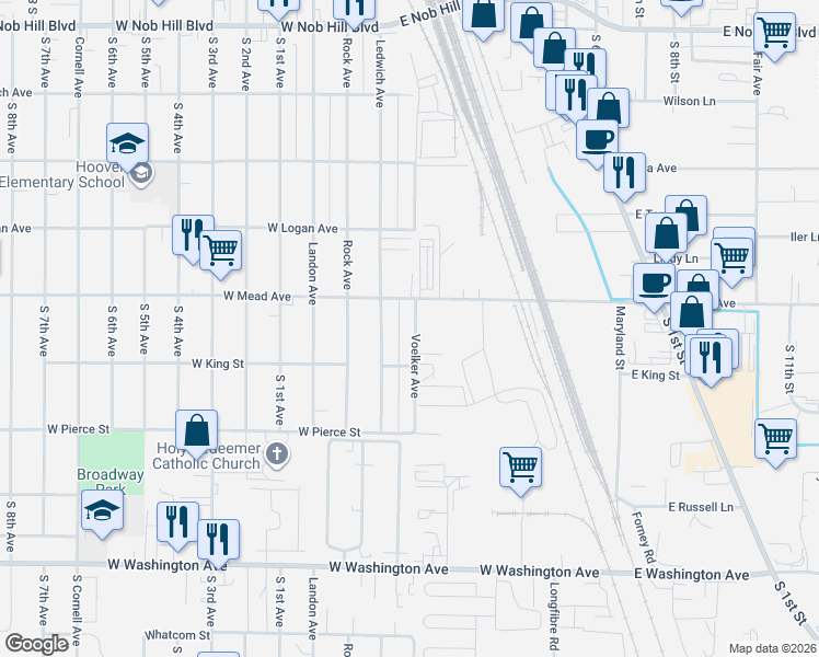 map of restaurants, bars, coffee shops, grocery stores, and more near 1517 Ledwich Avenue in Yakima