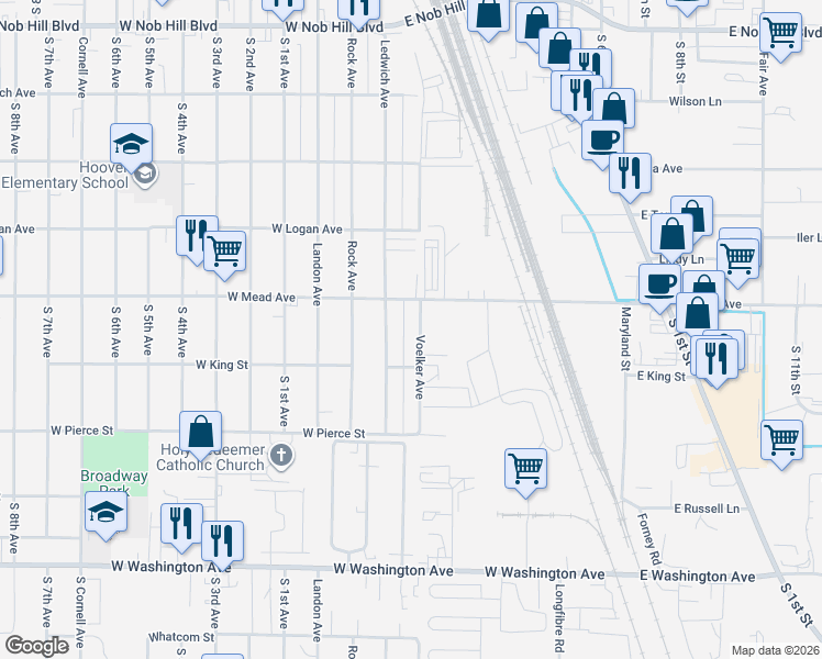 map of restaurants, bars, coffee shops, grocery stores, and more near 1517 Ledwich Avenue in Yakima