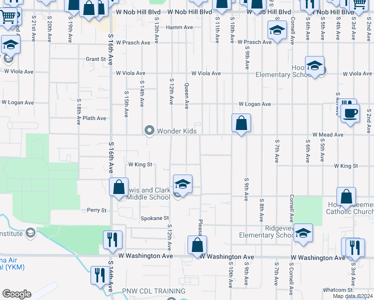 map of restaurants, bars, coffee shops, grocery stores, and more near 1515 Queen Avenue in Yakima