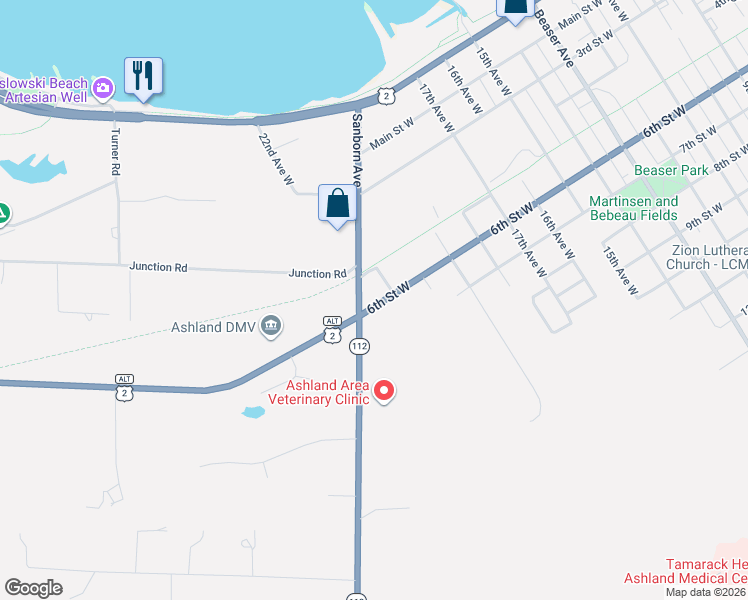 map of restaurants, bars, coffee shops, grocery stores, and more near 2126 6th Street West in Ashland