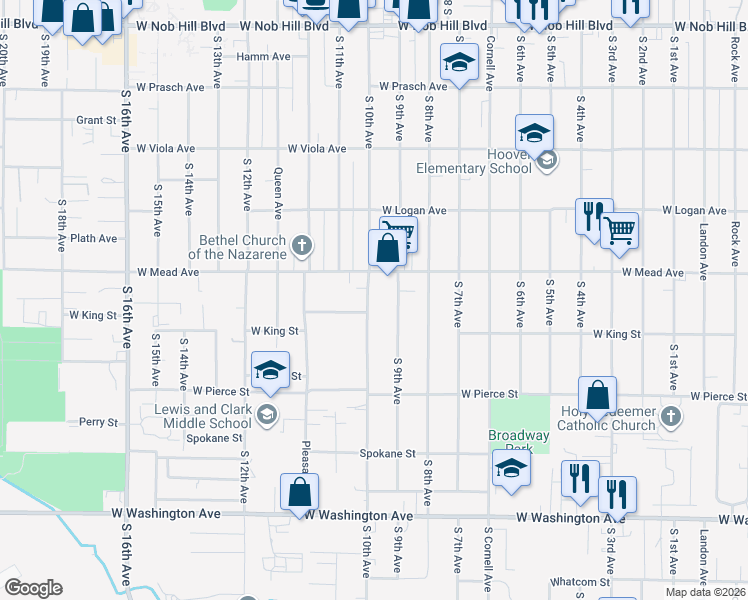 map of restaurants, bars, coffee shops, grocery stores, and more near 1518 South 9th Avenue in Yakima