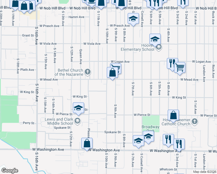 map of restaurants, bars, coffee shops, grocery stores, and more near 1518 South 9th Avenue in Yakima