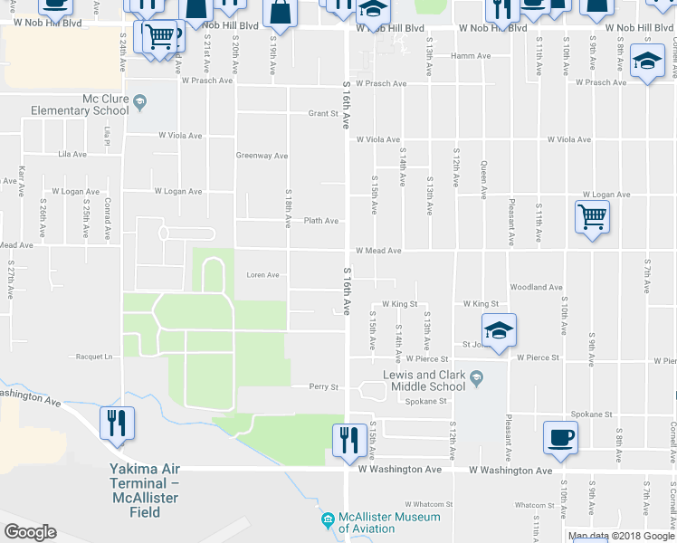 map of restaurants, bars, coffee shops, grocery stores, and more near 1603 West Mead Avenue in Yakima