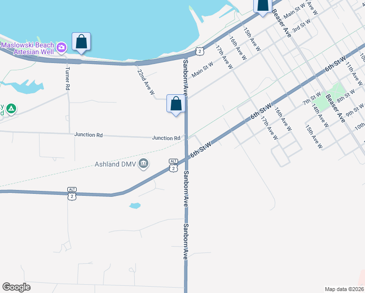 map of restaurants, bars, coffee shops, grocery stores, and more near 505 21st Avenue West in Ashland