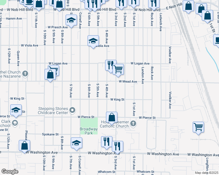 map of restaurants, bars, coffee shops, grocery stores, and more near 301-399 W Mead Ave in Yakima