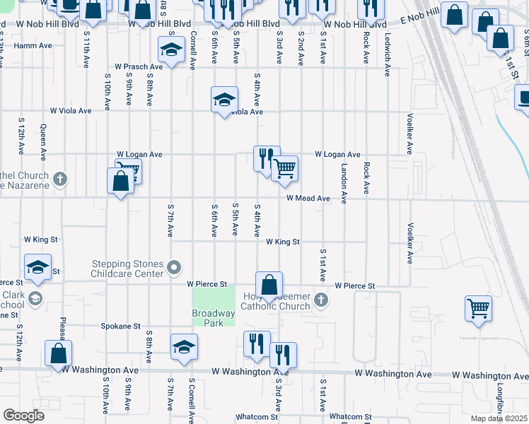 map of restaurants, bars, coffee shops, grocery stores, and more near 301-399 W Mead Ave in Yakima