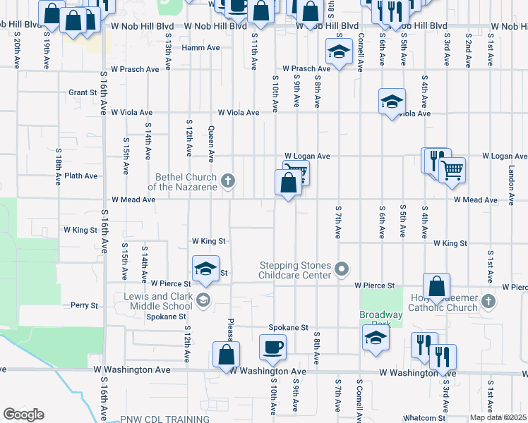 map of restaurants, bars, coffee shops, grocery stores, and more near 1006 West Mead Avenue in Yakima