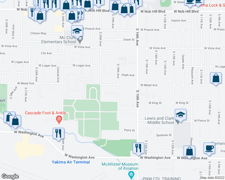 map of restaurants, bars, coffee shops, grocery stores, and more near 1807 Loren Avenue in Yakima