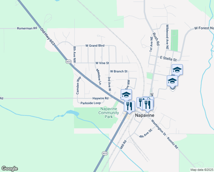 map of restaurants, bars, coffee shops, grocery stores, and more near 264 Meadow Lane in Chehalis
