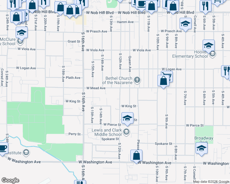 map of restaurants, bars, coffee shops, grocery stores, and more near 1300-1302 W Mead Ave in Yakima