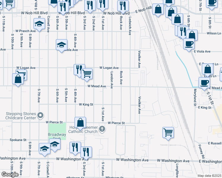 map of restaurants, bars, coffee shops, grocery stores, and more near 62 West Mead Avenue in Yakima