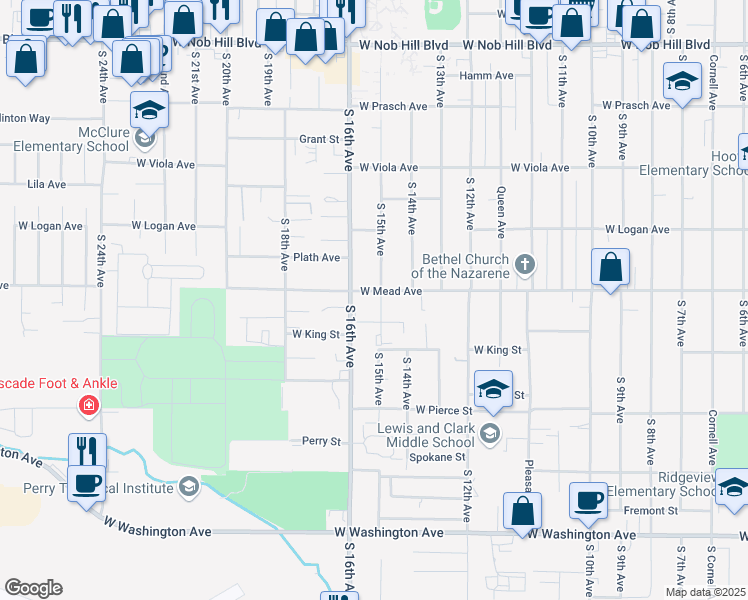 map of restaurants, bars, coffee shops, grocery stores, and more near 1418 South 15th Avenue in Yakima