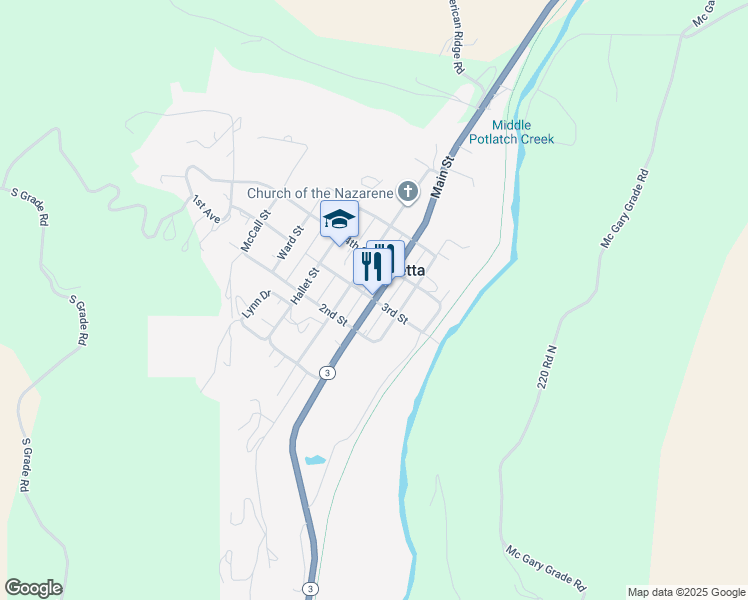 map of restaurants, bars, coffee shops, grocery stores, and more near 301 Main Street in Juliaetta