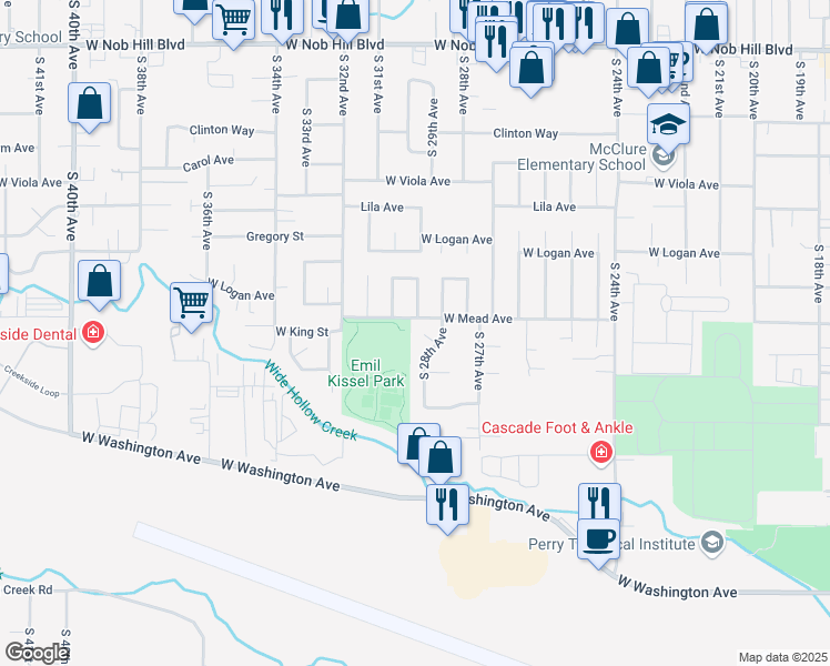map of restaurants, bars, coffee shops, grocery stores, and more near 2806 Loren Court in Yakima