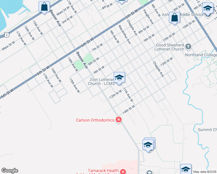 map of restaurants, bars, coffee shops, grocery stores, and more near 1121 11th Street West in Ashland