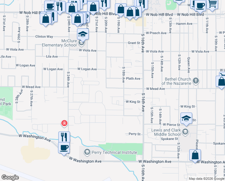 map of restaurants, bars, coffee shops, grocery stores, and more near 1806 West Mead Avenue in Yakima