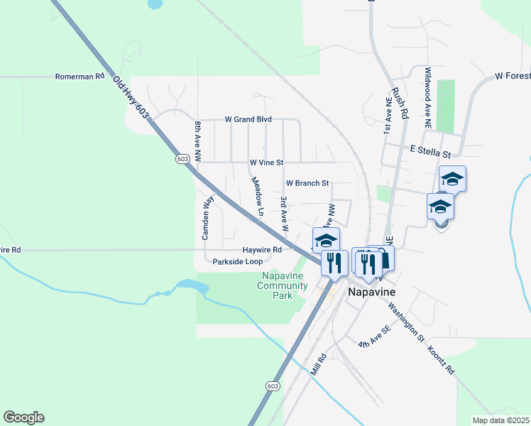 map of restaurants, bars, coffee shops, grocery stores, and more near 264 Meadow Lane in Chehalis