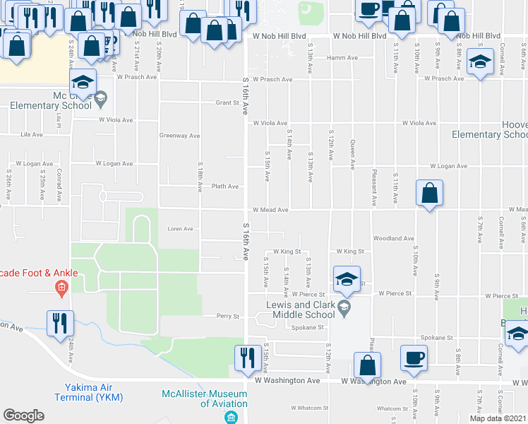 map of restaurants, bars, coffee shops, grocery stores, and more near 1500 West Mead Avenue in Yakima