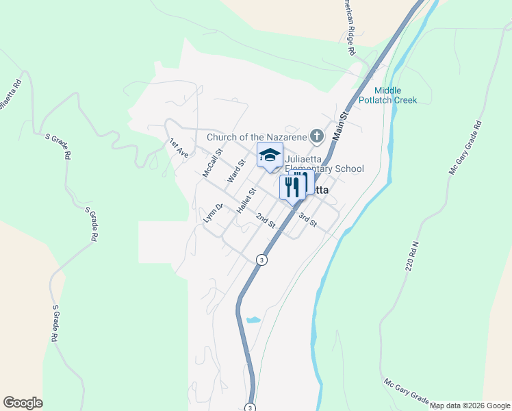 map of restaurants, bars, coffee shops, grocery stores, and more near 306 2nd Street in Juliaetta