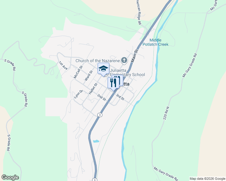 map of restaurants, bars, coffee shops, grocery stores, and more near 301 Main Street in Juliaetta