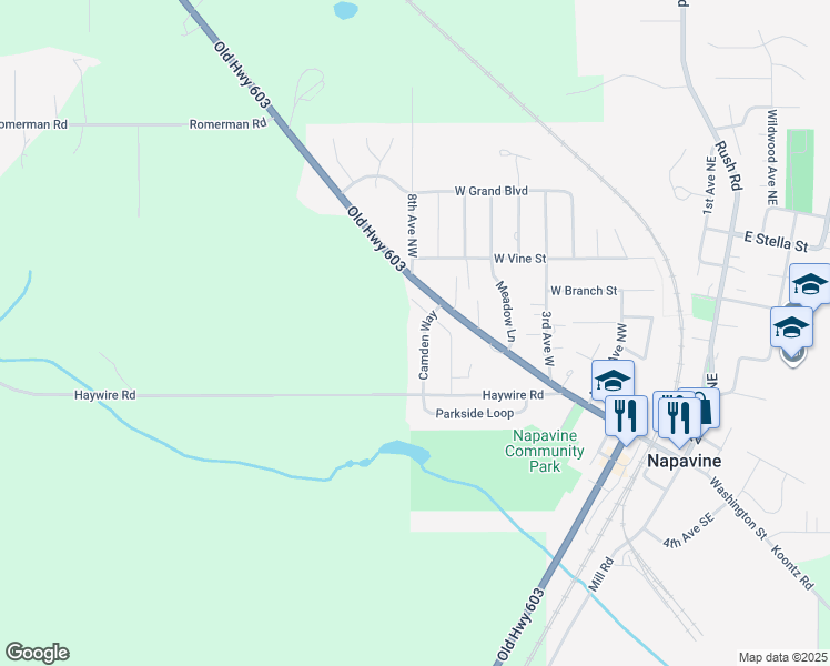 map of restaurants, bars, coffee shops, grocery stores, and more near 329 Camden Way in Napavine